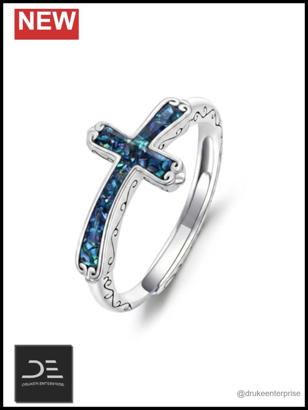 Adjustable Cross Ring for Women, White Gold Plated Abalone Shell Open Band